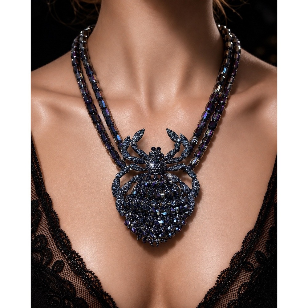 Halloween Crystal Spider Black Crystal Spider Statement Necklace Iridescent